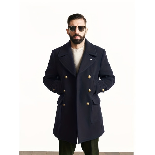 Trendig retro enfärgad långärmad kappa för män Windbreaker Lapel lång överrock för höstvinter Khaki XL(52)