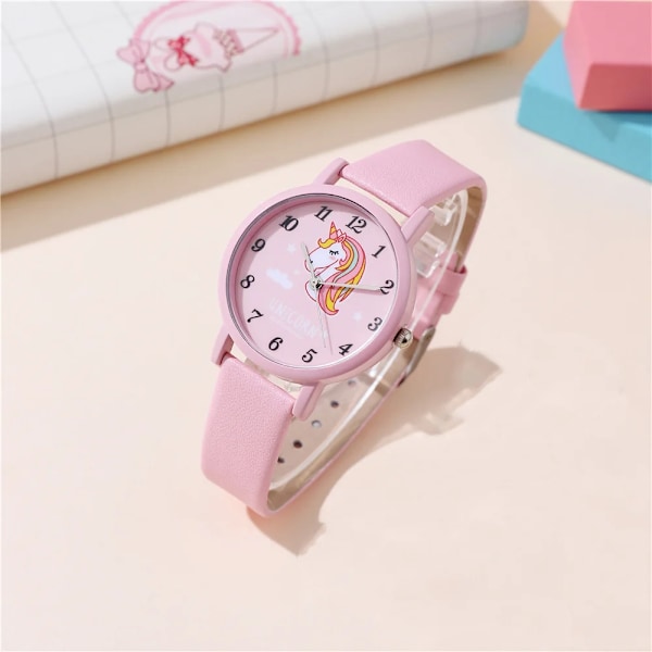 cute pink pu leather band unicorn Children's cartoon watch pink 2