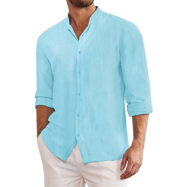 Linneskjortor i bomull för män Enfärgad långärmad oversize topp vår/höst stilig modeskjorta Sky Blue Asian 4XL(75-95Kg)