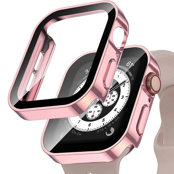 Glas+ case för Apple Watch 7 8 45 mm 41 mm 44 mm 40 mm PC rak kant Härdat cover iWatch series 4 5 SE 6 7 8 Rose pink 16 Series 7-8 45mm