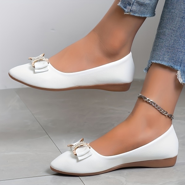 Balett med rosett för kvinnor, mode med spetsig tå Mjuk sula Slip-on-skor, mångsidiga platta skor Beige White CN41(EU39.5)