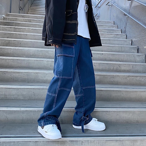 Mænd Jeans Bred Ben Denim Bukser Løs Straight Baggy Mænd Jeans Hip Hop Streetwear Skateboard Neutral Denim Bukser Lastjeanser dark blue Asia XL(65-70kg)