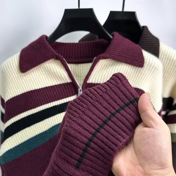 Strikkede Cardigan Mænd Trøje Lapel Kontrast Farve Stribede Lynlås Frakke Efterår Og Vinter Mænds Bære Trendy Løs Bomuldstøj Brown L