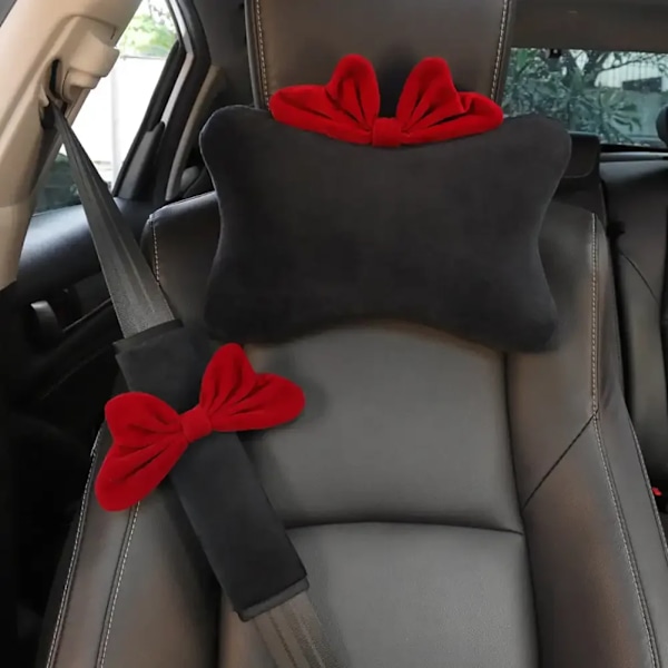 Röd Båge Bil Interiör Hals Kudden Huvudstol Seat Bälte Axel Täckning Rattskydd Söta Kvinnor Biltillbehör Dekorare Innehåll Belt Cover