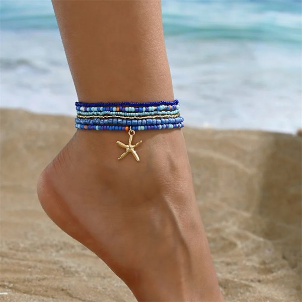 Färgglada Starfish Pendant Ris Pärlor Pärlad Anklet För Kvinnor Sommar Fashion Multi-Lager Armband Smycker 2