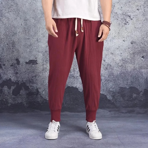 Bomull Linne Harem Byxor Män Fast Elastisk Midja Streetwear Joggers 2022 Nya Baggy Drop-Crotch Byxor Casual Tro Casual Tro Användare Män 46Navy US S