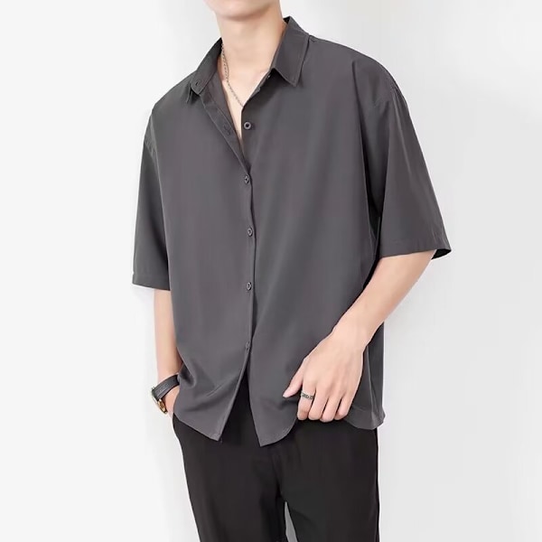 Ice Silk Skjorta Män Kort Ärm Sommar Trend Män Casual Rock Hög Grad Känsla Av Plankton Stilig Fem- Kvartär Ärm Svart Skjjorta Black L