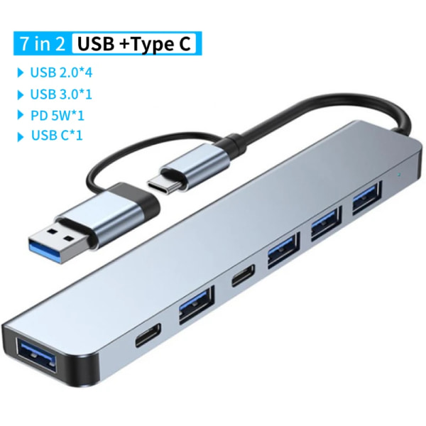 Concentrator USB A Type C, Station d'accueil, Multi Adaptateur, Lecteur de carte SD TF, Audio, Multi-hub S6 Splitter för MacPleAir PC 7 in 2 Gray CHINA
