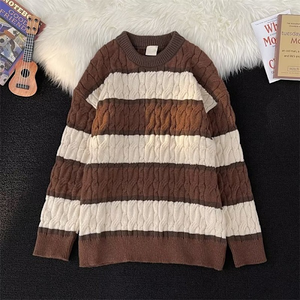Hong Kong Style Mori Style Stribet Trøje Rock Mænds Efterår Og Vinter 2023 Nye Japansk-Stil Retro Løs Og Lazy Strik Coffee M