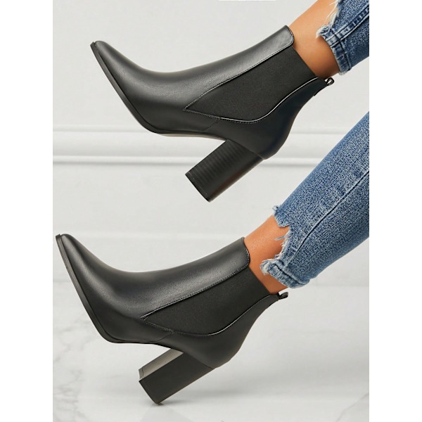 Kvinnors Tillfälliga Ny Spetsad Tå Chunky High Heel Ankel Stövlar, 8Cm Hög Utomhus Pendling Pu Läder Chelsea Stövlar Med Slip Resistenta Tunla Black US8.5