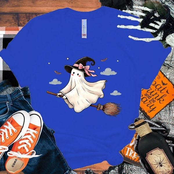 Halloween Boo Print T Skjorta Kort Ärm O Nacke Lös Kvinnor Sommar Cool Kvinnor Tee Tröjor Toppar Kläder Blue XXXL