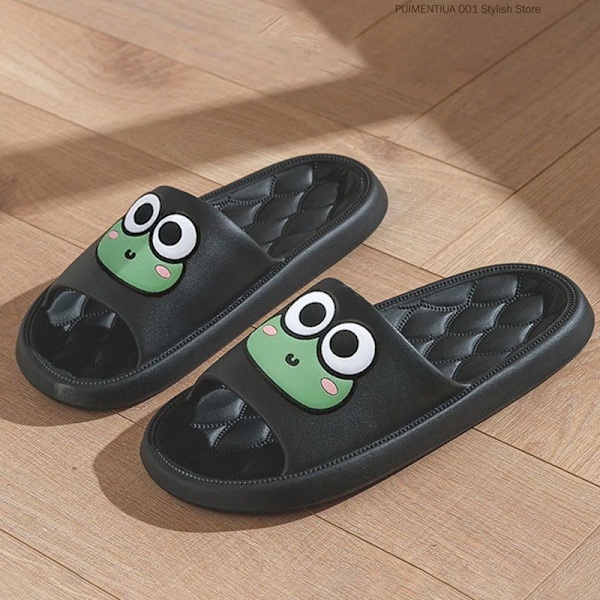 Söta Groda Bad Tofflor Sommar Kvinnor Män Inomhus Badrum Slides Casual Platt Skor Mjuk Eva Söt Tecknad Katt Strand Flip Flop S A black 36-37