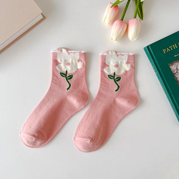 1 Par Kvinde Strømper Japansk Koreansk Stil Tegneserie Blomst Candy Farve Harajuku Kawaii Mid Tube Socks Åndbar Casual Sho Rtstrømper C7 Size Suit For 35-39