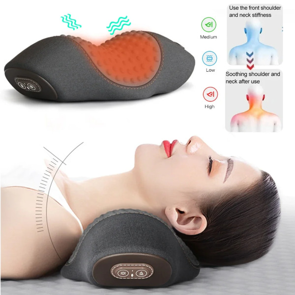 Elektrisk nackmassager Cervikal kudde Uppvärmning Vibration Massage Rygg Traction Slappna av Sova Memory Foam Kudde Ryggstöd Upgrade-Gray