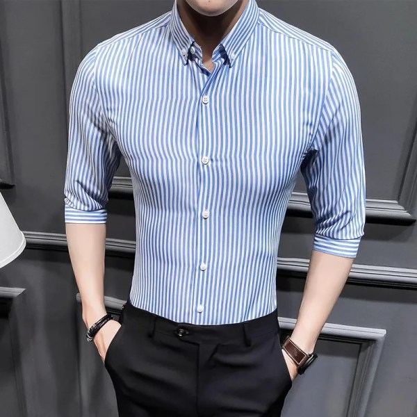 2023 Nya skjortor för män Kläder för män Koreansk Slim Fit Halvärmad Skjorta Herr Casual Plus Size Business Formell Wear Chemise Homme 5XL navy L      51 to 57kg