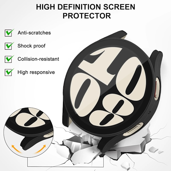 Hærdet glas cover til Samsung Galaxy Watch 6 40mm 44mm skærmbeskytter glas cover til Samsung Galaxy Watch 6 stødabsorberende cover Black Galaxy Watch 6 40mm