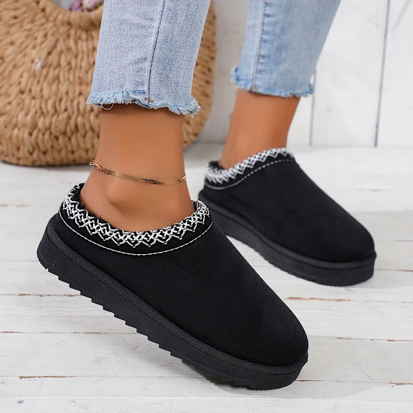 Snow Boots Women Winter New Cashmere Warm Thick Soles Without Heel-covered Hair Half Slipper Cotton Shoes Cashmere Warm Boots black 36