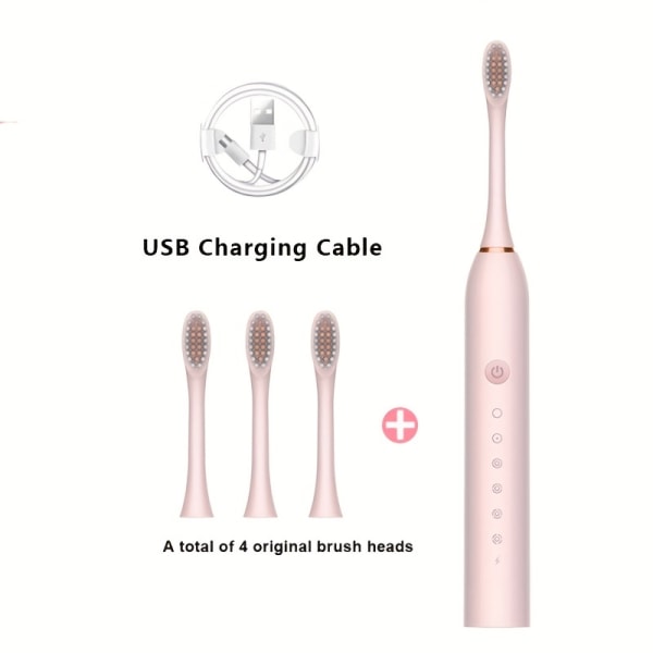 Sonic elektrisk tandborste, automatisk USB uppladdningsbar IPX7 vattentät tandborste Utbytbar tandborste, med 4st/8st utbytesborsthuvuden X3-Pink(Total 4 Heads)