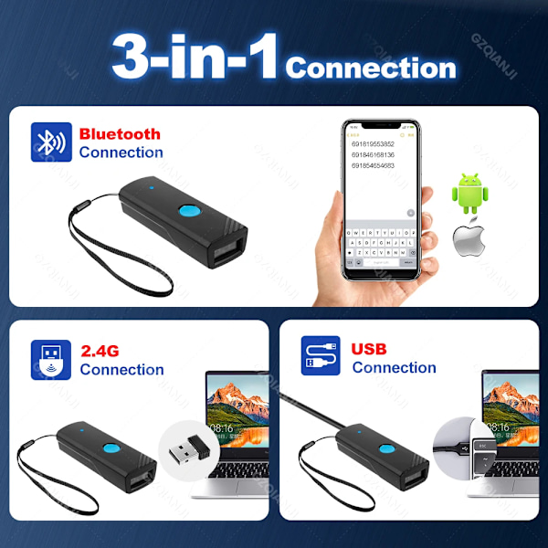 QR-kodescanner Bluetooth-scanner Kurer Bærbar 1D 2D Stregkodescanner Kompatibel USB 2.4G Trådløs Stregkodelæser 2D Scanner