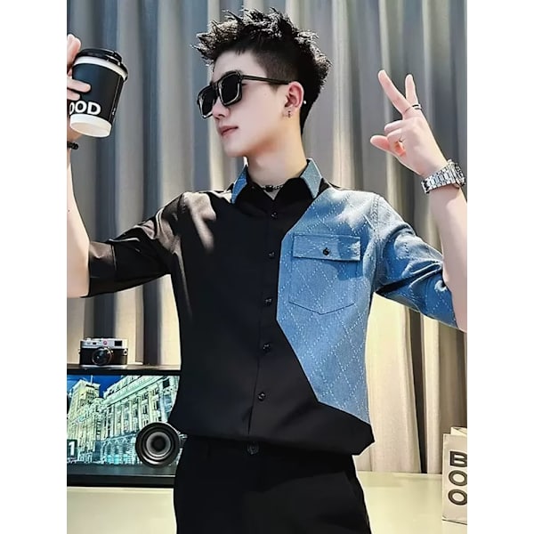 Kesä Les Handsome T Pieni Koko Slim-Fitterande Patchwork Lyhythihainen Paidan Trendikäs Miehet Lyhyt Opiskelija Cool Ja Villi Paidan Rock White XL