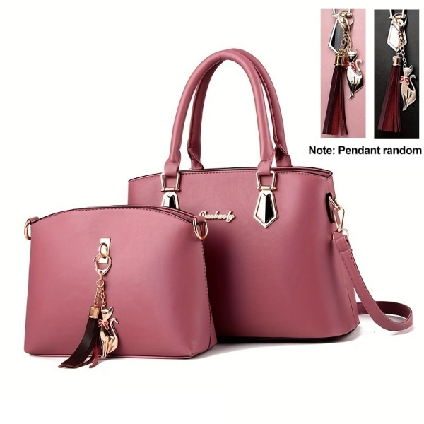 2st PU-läderväska set, handväska med tofsdekor & crossbodyväska, kontors- och arbetsväska för kvinnor Pink