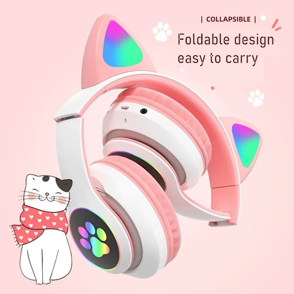 Blinkande Led Söta Katt Öron Hörlurar Bluetooth Trådlös Hewset Med Mic Tf Fm Kid Flicka Stereo Musik Öron Kitten Öraphon Gåva 028-pink