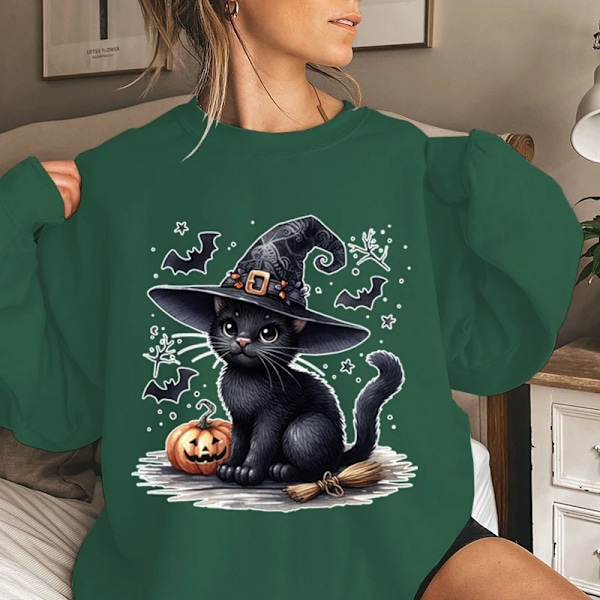 Rolig Halloween Svart Katt Pumpa Bat Print Sweatshirt För Kvinnor Kreativ Höst Och Vinter O Hals Hoodless Pullover La La La Nackes Överst GRAY L