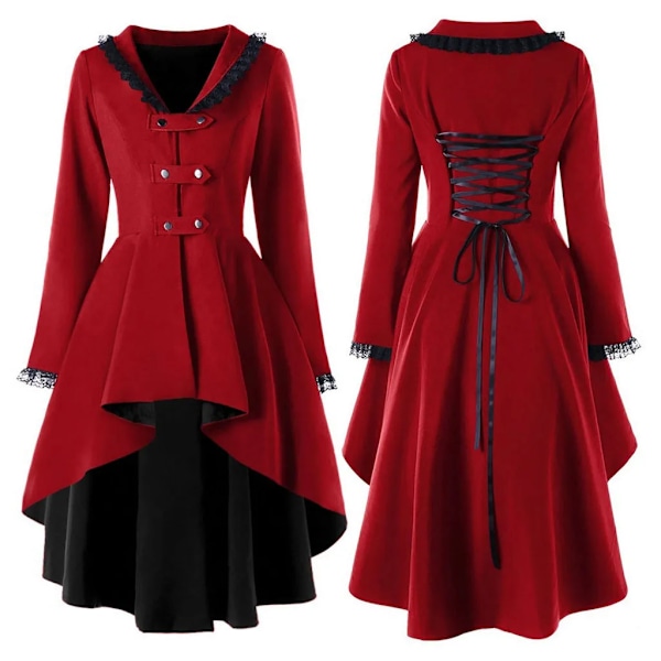 Kvinders Middelalderlige Retro Uregelmæssige Hem Trench Coat Renæssance Lang Jakke Blonde Patchwork Langærmet Tuxedo Kjole Cosplaya Smokod Red-B L