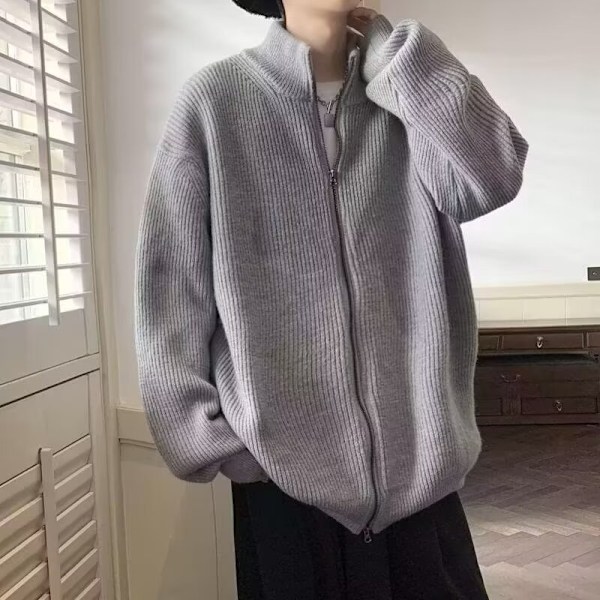 Dobbelt Lynlås Cardigan Trøje Mænd Forår Og Efterår Japansk Stil Retro Lazy Style Strik Ydre Slidt Herretrøje... Grey L