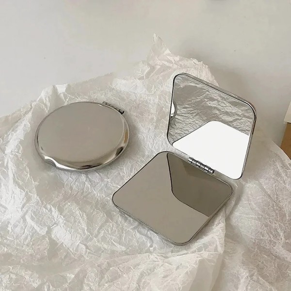 1 st Bärbar sminkspegel i rostfritt stål för kvinnor Handficka Vikt sida kosmetisk sminkspegel Liten olika former round