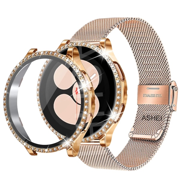 För samsung galaxy watch 4 5 6 band + case 40mm 44mm mesh Rostfritt stål rem bling case Skärmskydd i härdat glas rose gold set galaxy watch 4 44mm