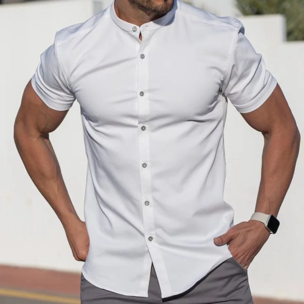 2023 Ny trend Enfärgad skjorta med ståkrage Herrmode Casual Cardigan Kortärmad sommarmuskelskjorta herr GRAY XXXL