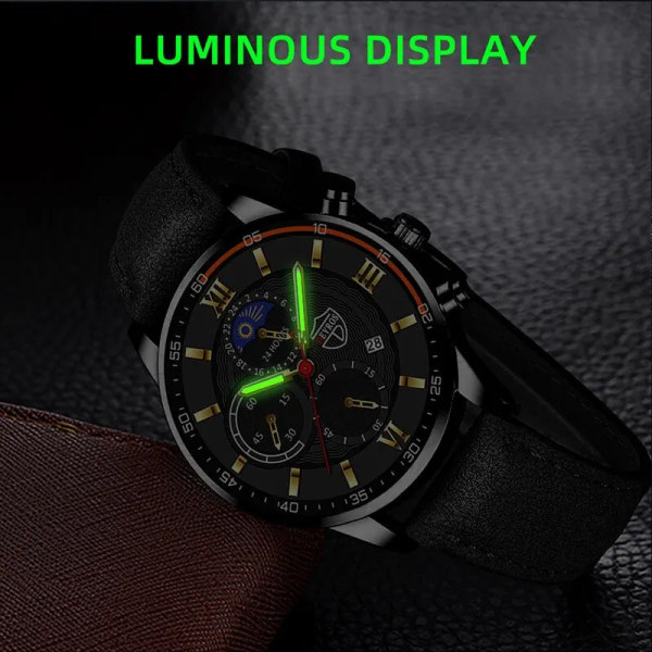 2ST Set Mode Herr Sportklockor Man Business Läderarmband Quartz Watch Lyx Herr Casual Luminous Clock Reloj Hombre Black Black