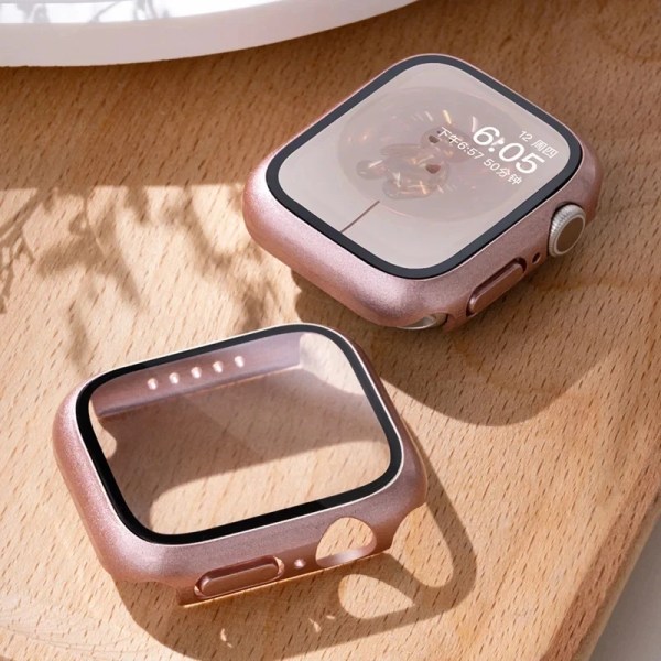 Härdat glas+ cover för Apple Watch Case Tillbehör 45 mm 41 mm 42 mm 38 mm PC- cover iWatch 6 5 4 se 44 mm 40 mm Rose gold 18 Series 4654 SE 44MM