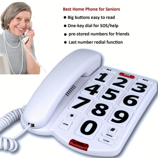 Telefon med stor knapp för äldre hem, sladdtelefon, fast telefon för äldre personer, telefon med stor knapp med minne för snabbval White