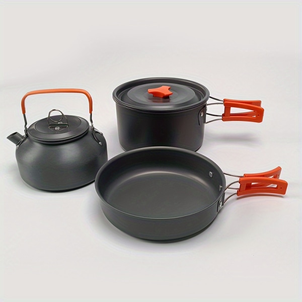 Köksredskap för camping: Set i aluminium utomhus för BBQ, picknick och vandring - innehåller vattenkokare, stekpanna och stekpanna Kettle + Frying Pan + Skillet