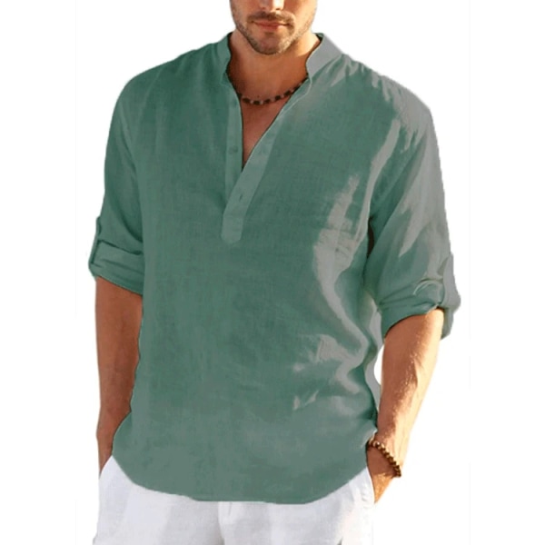Ny Långärmad T-shirt i linne för män Enfärgad lös casual Långärmad bomullslinneskjorta dark green 4XL