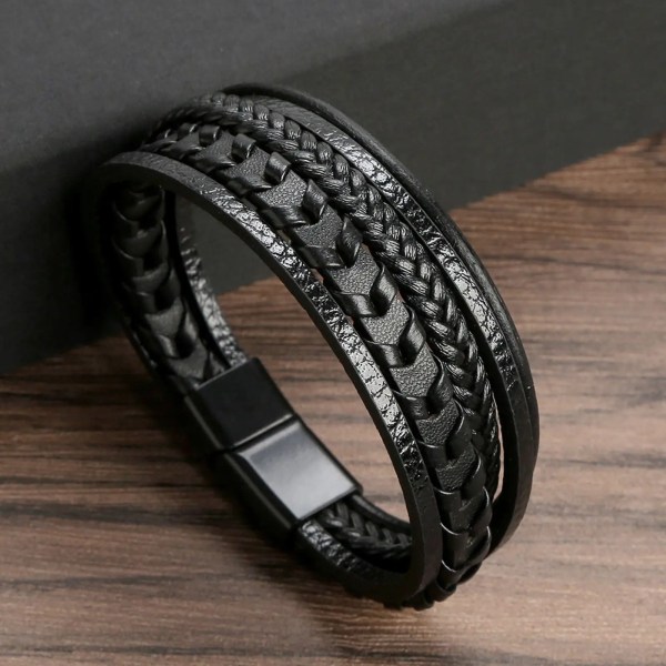 Ny design Flerlagers handvävda armband och armband i äkta läder Herrlegering Mode Armband Presenter A-braid black 23cm long