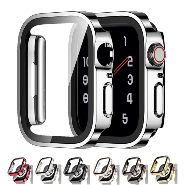 Glas+vattentätt case för Apple Watch 7 8 9 45mm 41mm Skärmskydd Hård PC Bumper för iWatch Series 6 5 4 SE 40mm 44mm Cover Matte Silver Series 7 8 9 41mm