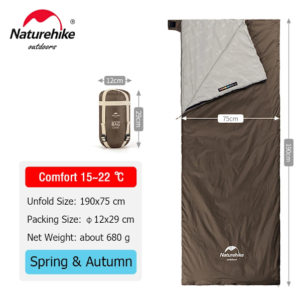 Naturehike lw180 Sleeping Bag Ultralight Cotton Sleeping Bag Spring Summer Sleeping Bag Outdoor Hiking Camping Sleeping Bag Brown - 190x75 cm