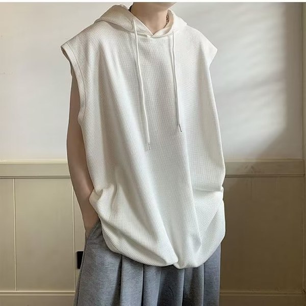 Plus Størrelse Casual Hooded Vest Trendy Harajuku Japansk Stil Mænds Vafler Trendy Svedløse Ærmeløse T-Shirt Rund Hals Sommer Tynd White XL