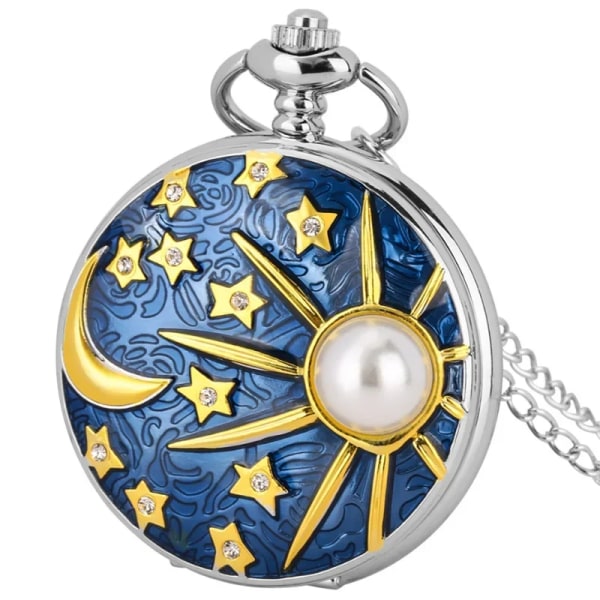 Ny relief havsblå stjärna och måne kvartshalsband inlagt med pärlsilver watch för manlig och kvinnlig student bronze
