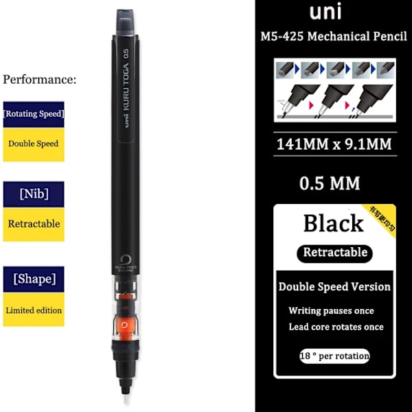 Uni Kuru Toga Mekanisk Penna M5-452 Bly Kärna Roterande Anti-Brytning Core Tips Längd 0,5Mm Söt Försörjning Av Papperskolar 1Black Pencil