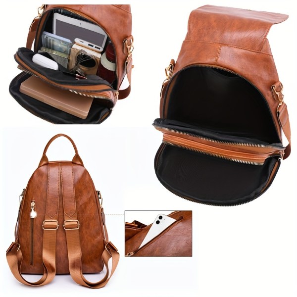 Minimalistisk PU-läder ryggsäck för kvinnor, enfärgad daglig pendlingssäck, klassisk mångsidig förvaringsväska för resor Brown