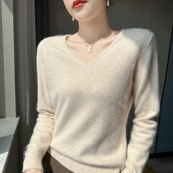 Hösten Vinter Ny 100% Cashmere Sweater Kläder V-Hals Stickade Pullover Toppar Solid Färg Lång Ärm Kvinnors Tröjar Beige XXL