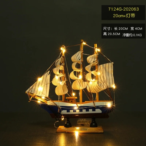 Piratskepp Segelbåt modell Trä liten träbåt dekoration Tårtprydnader Fiskebåt hem bordsskiva dekoration LED 16-20cm LED as shown 20cm