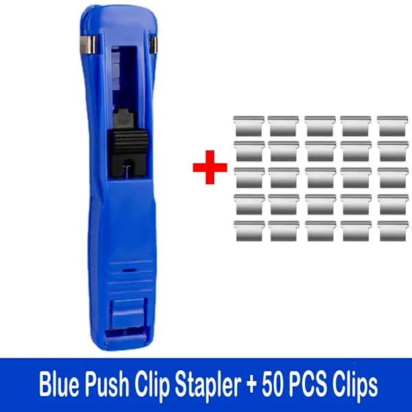 Staple Metal Clip Push Handpapper Clipper Med Refill Fixering Organiserar Häftning Återanvändbar Pushklämma För Dokumentfil Stationära Blue with 50 Clips