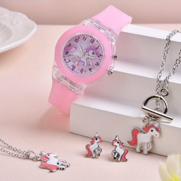 5 st Girls Cute Unicorn Luminous Quartz Watch & Armband & Halsband & Örhängen, set för barn Pink