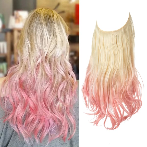 Syntetiska Ingen Clip Wave Hår Extensions Ombre Naturlig Svart Blond Rosa En Bit Falsk Hårpiece Fisk Linje Fake Hårstycken 613Tpink 14inches