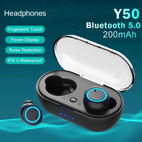 Y50 Bluetooth hörlurar Outdoor Sports Trådlöst Headset 5.0 med laddningsfack Power Display Touch Control Hörlurar Hörlurar White